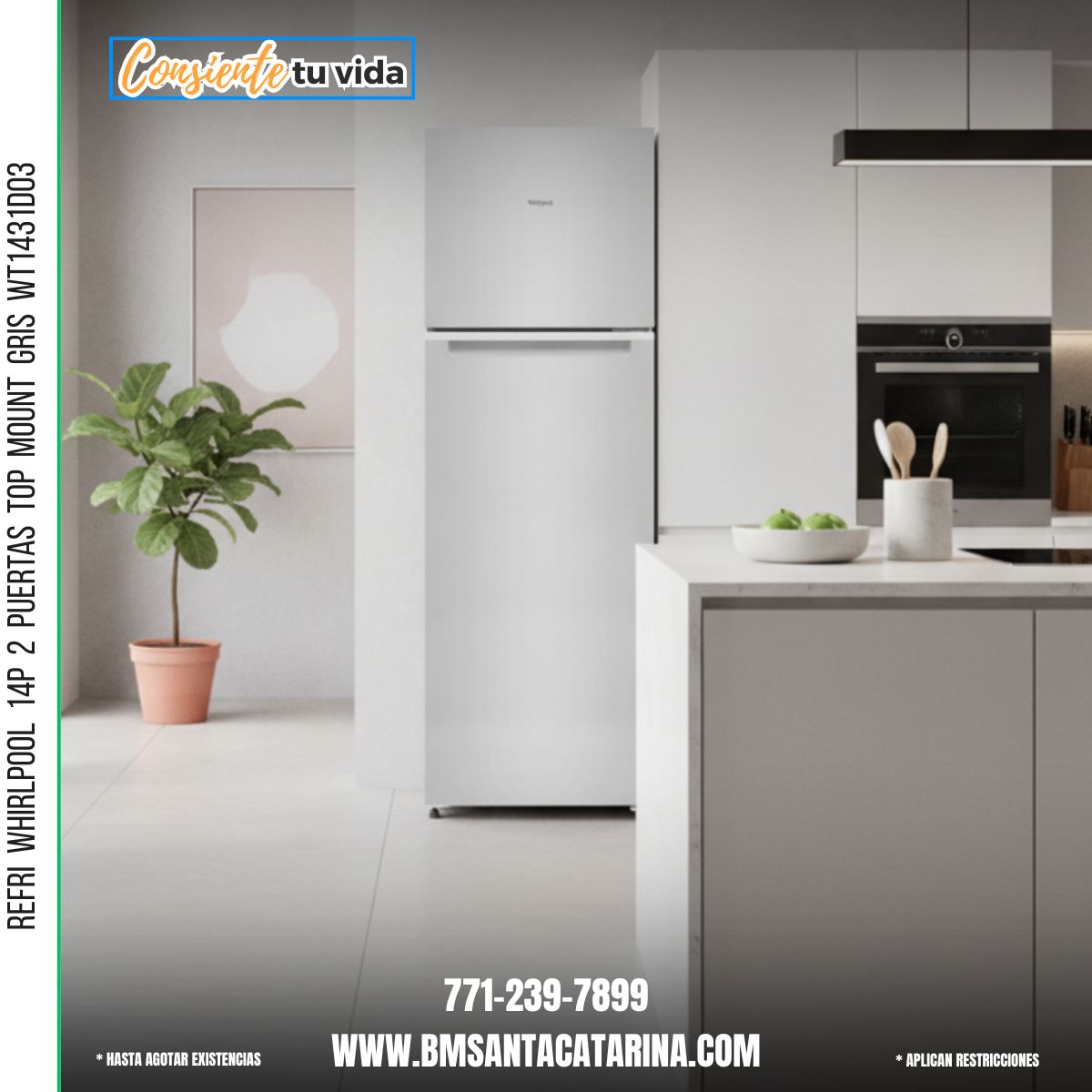 REFRI  WHIRLPOOL  14P  2  PuerTAS  TOP  MOUNT  GRIS  WT1431D03